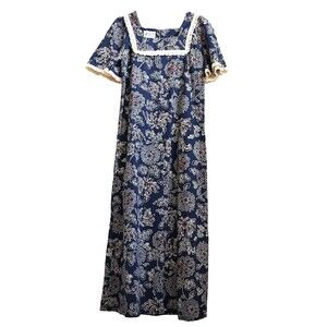 Vtg Tropicana Hawaii Maxi Dress Muumuu Floral Navy Lace Prairie Cottagecore